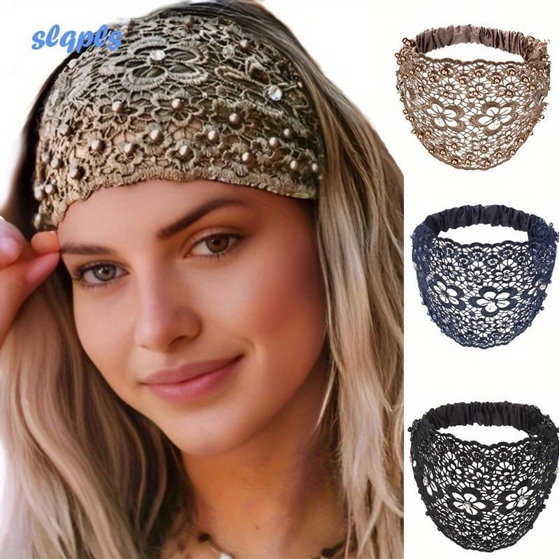 Fita Floral De Renda Com Decoração Faux Pearl Decor Hollow Out Wide Head Wrap Hair Accessories For Women