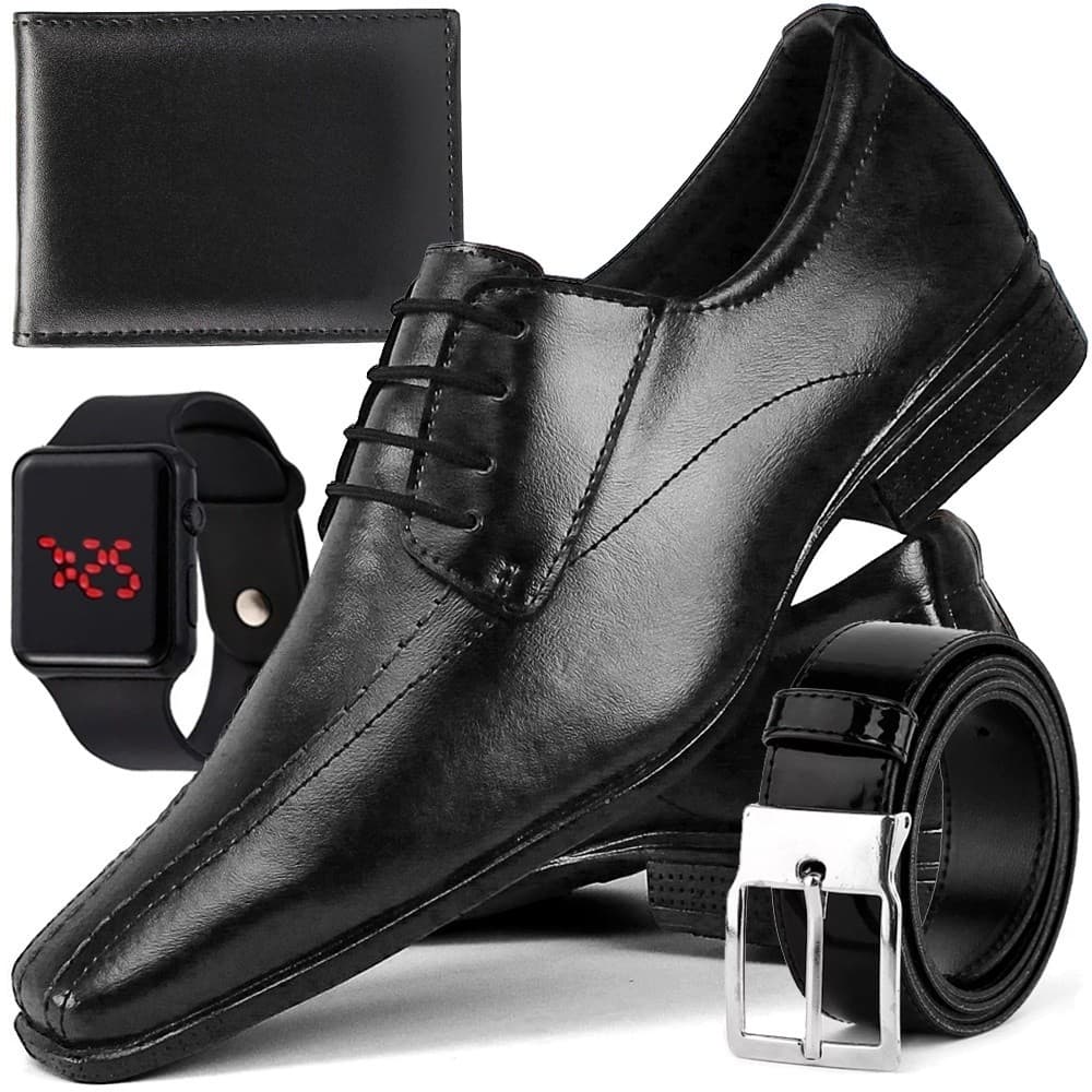 Kit Sapato Social Masculino Bico Fino Casual com Relogio