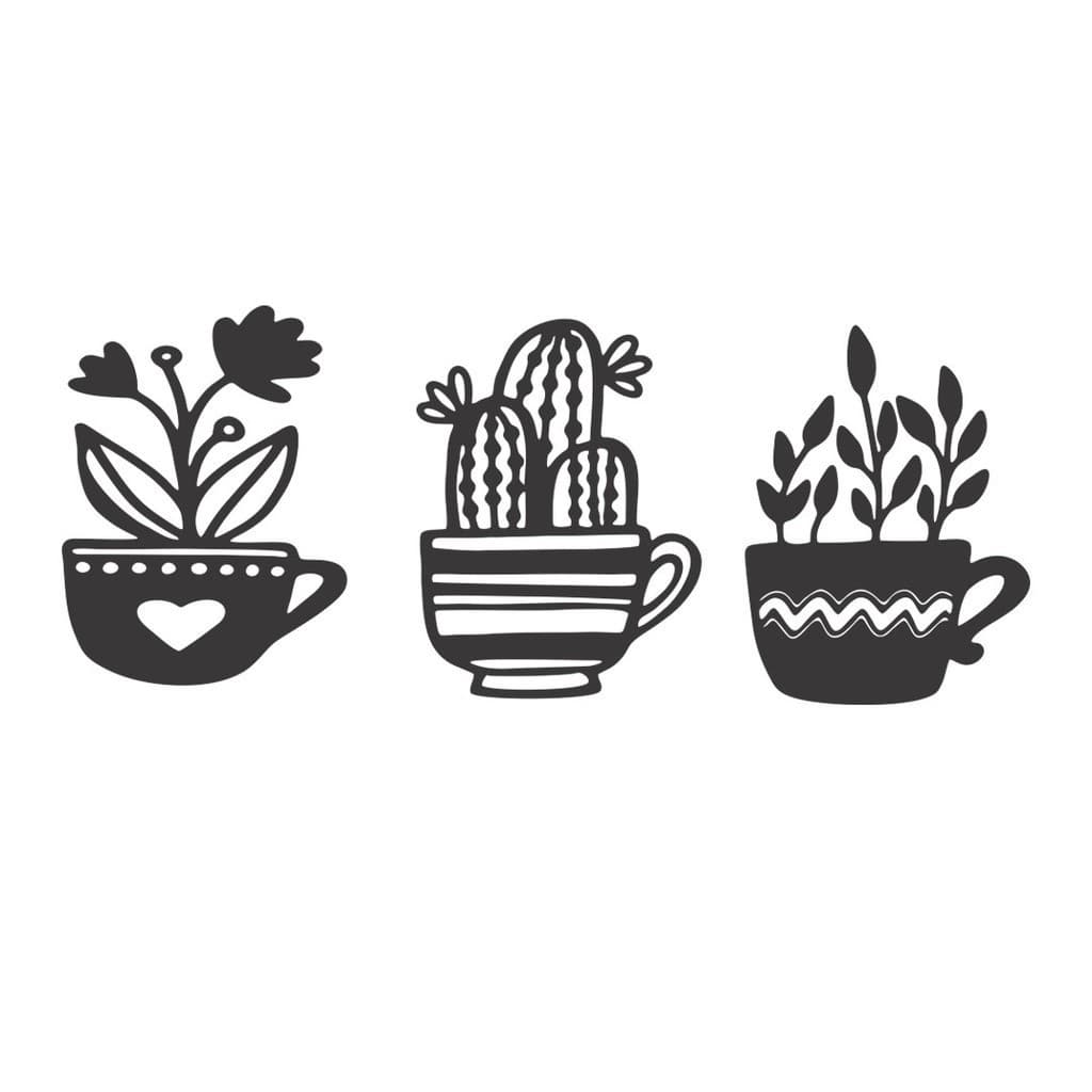 Quadro Decorativo Cactos Xícaras MDF 3mm Preto Fosco