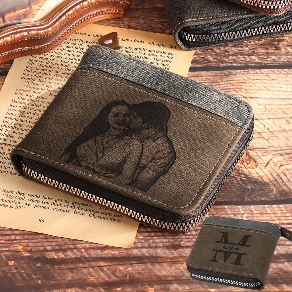 Carteira Masculina Com Foto Personalizada Bolsa De Moedas Zíper Nome De Texto Imagem Para Homens Presente Personalizado 