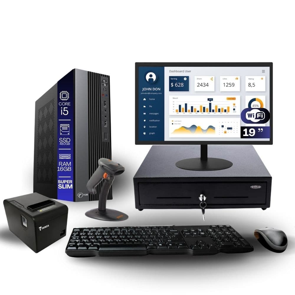 Kit PDV TOB i5 16GB SSD 480GB Win10 Rede S/Fio Teclado Mouse Monitor 19" Gvt. Dinheiro  Imp Térmica Leitor Cód Barras