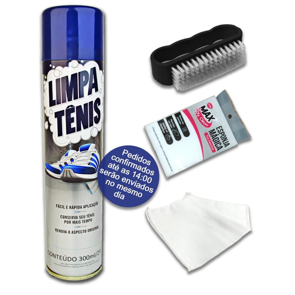 kit Limpador de Tênis 1 Esponja Magica 1 Flanela 1 Escova 1 Limpa Tênis Limpeza a seco