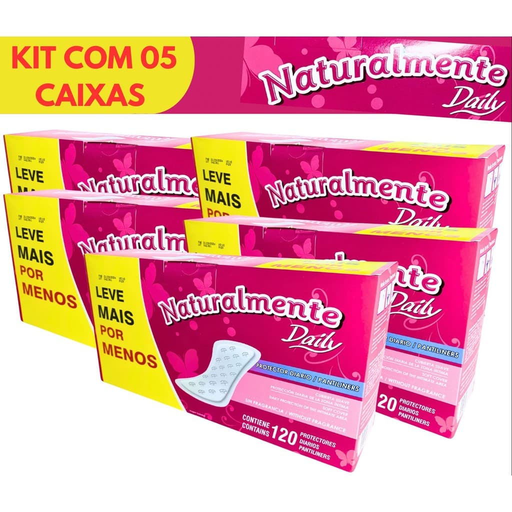 KIT COM 05 ABSORVENTES PACOTÃO ECONÔMICO PROTEÇÃO DIÁRIA – NATURALMENTE