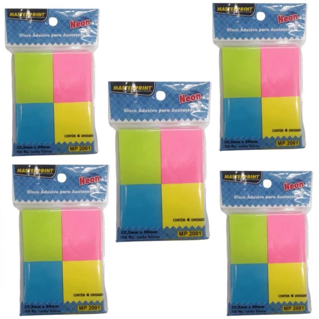 Kit 5 Blocos Adesivo Neon para Anotações 4 cores 2000 Folhas Masterprint
