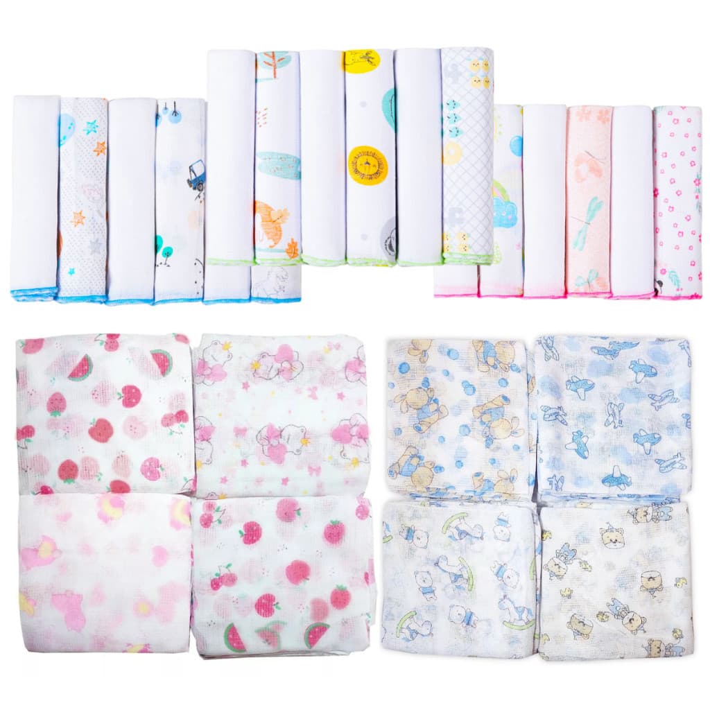 Kit 11 Peças - 5 Fraldas 60x60cm + 6 Paninho de Boca 30x30cm 100% Algodão Grande Macias Estampadas