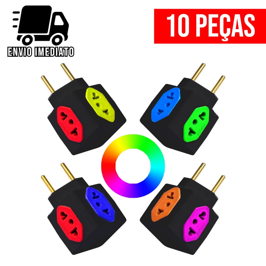 Adaptador de Tomada Cubo Preto e Colorido 4 Entradas Universal Bivolt 10A e 20A