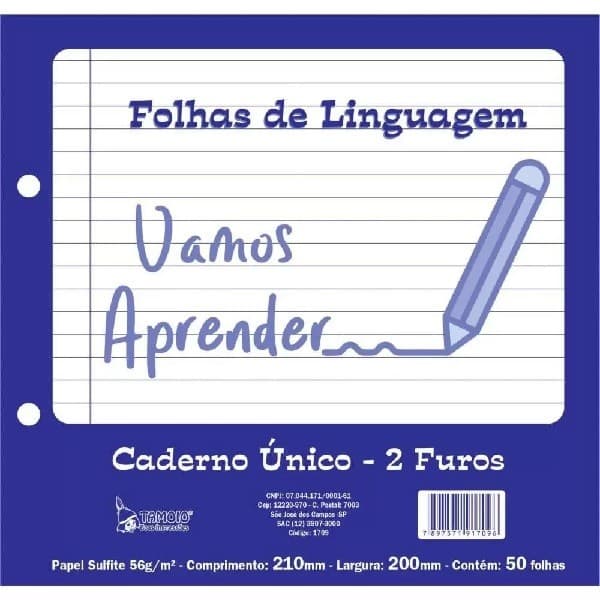 Folha com 2 furos Linguagem P/Caderno Unico 50fl - Tamoio