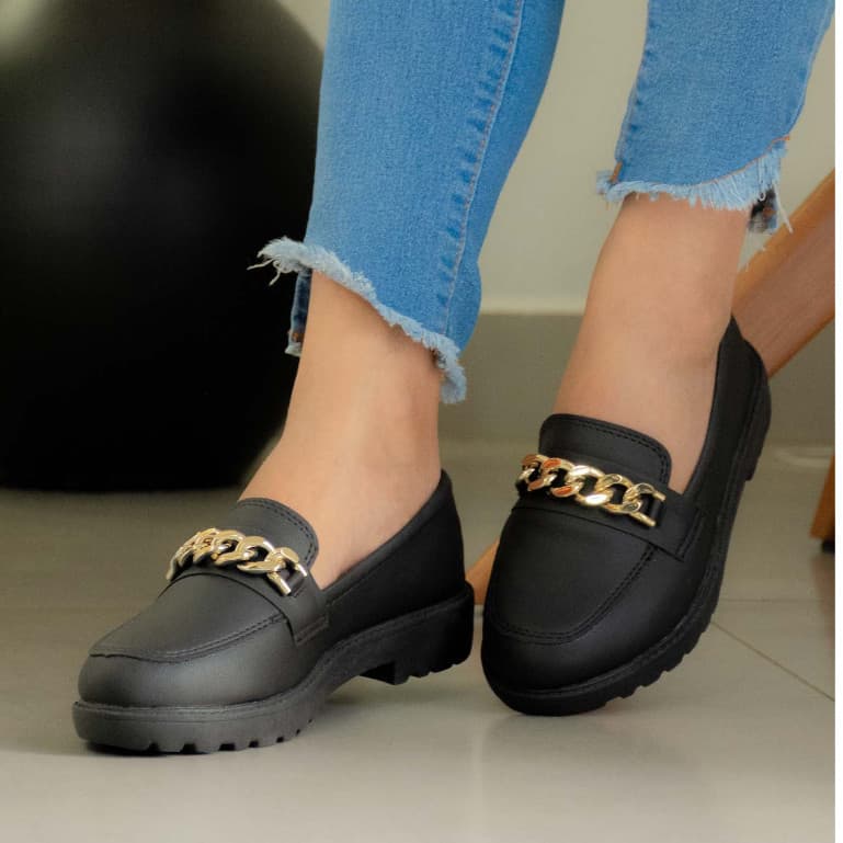 Mocassim Feminino Preto Corrente Moda Modesta Modelo Tradicional Sola Confortável Ref: 567