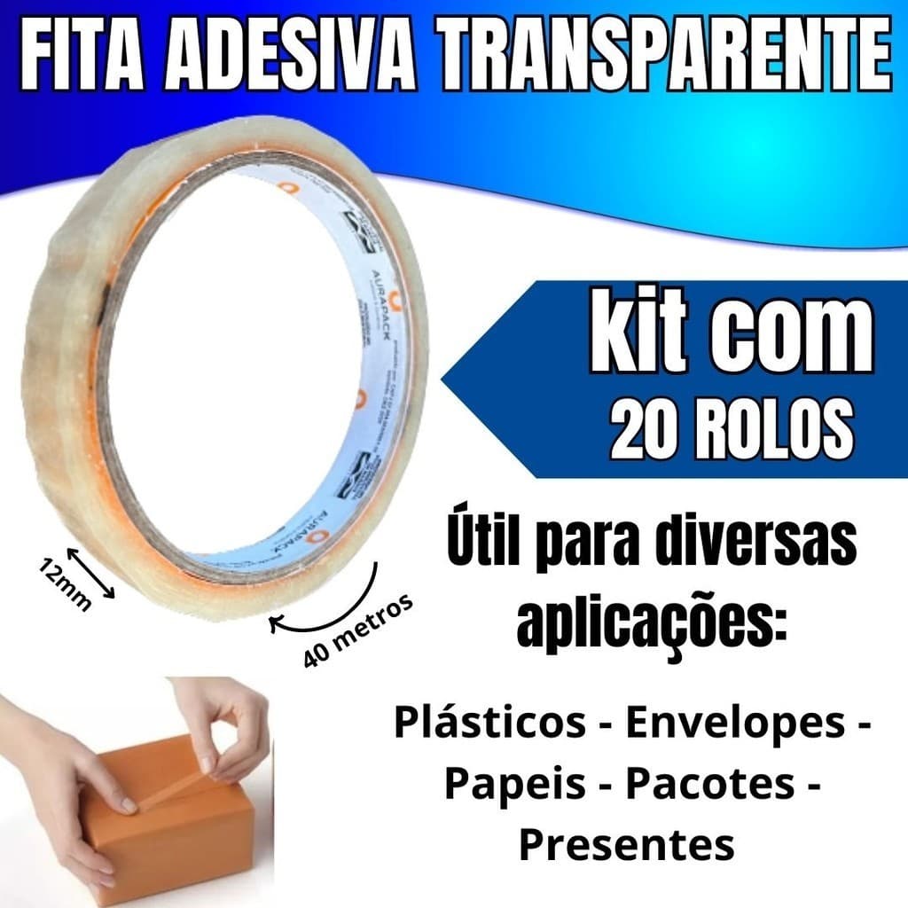Kit 20 Rolos De Fita Adesiva Durex Fino Transparente 12x40mm