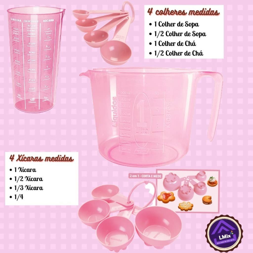 Kit 10 peças Rosa Jarra 1 Lt Copo dosador colher medidoras