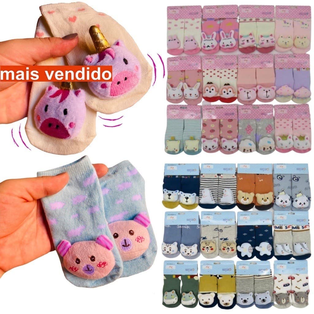 Kit 1-3-6 Pares Meia Infantil 3D Antiderrapante Bichinho Menina E Menino