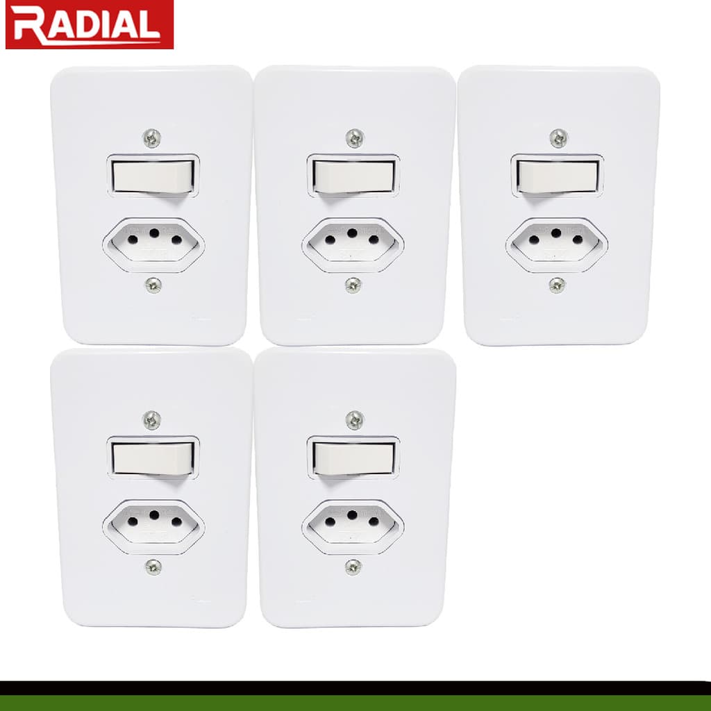 Kit 5un Tomada 10A Com Interruptor Apagador Simples Radial