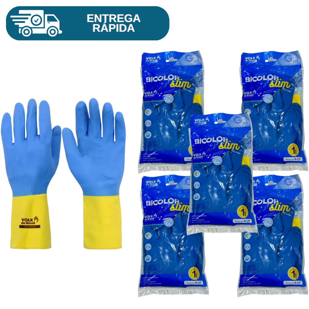 Kit 5 Prs Luva De Látex Neoprene Bicolor Slim Proteção Química Limpeza Multiuso Azul e Amarela Segurança Epi Volk