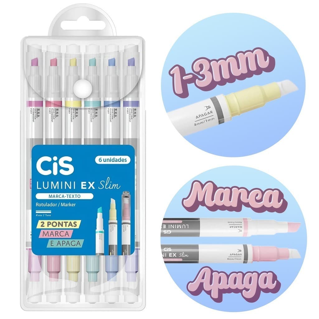 Marca Texto Lumini Ex Slim Cis 6 Cores Apagável (Marca e Apaga) 2 Pontas