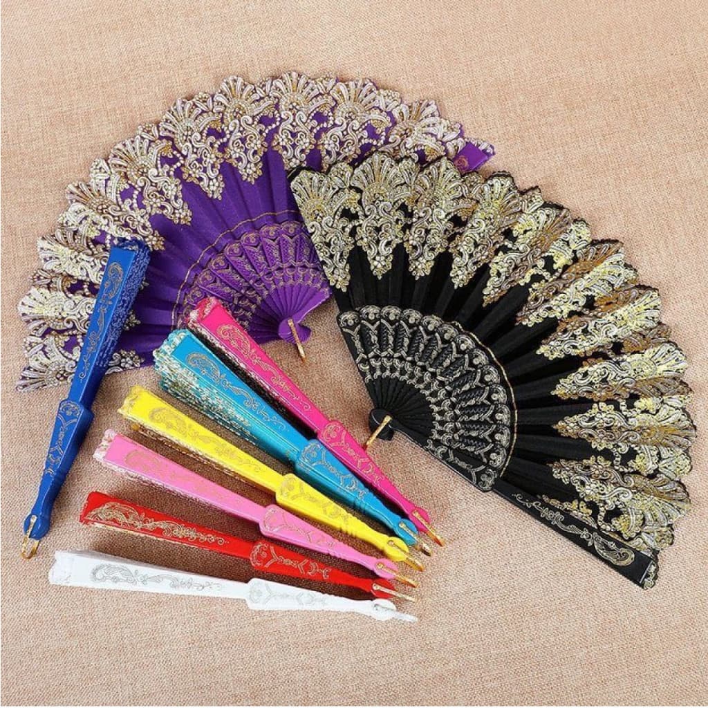 Kit 12 Leque Dobrável Paetê Luxo com Decoração Brilho para Abanar