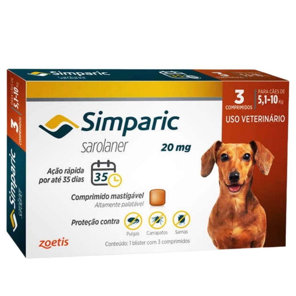 Simparic de 5,1kg a 10kg antipulgas e carrapatos para cachorros com 3 comprimidos 20mg Zoetis
