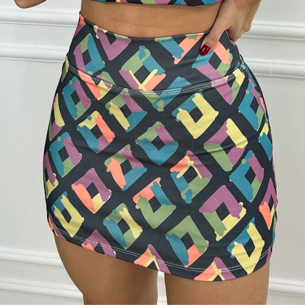 Short Saia Feminino Cintura Alta Suplex Esportivo Academia Fitness Estampada Quadriculado