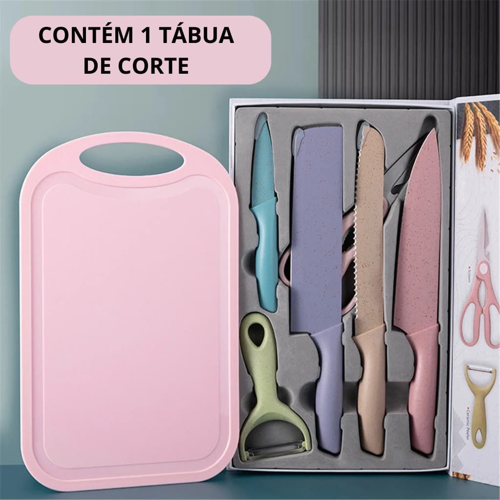 KIT Facas Com 6/7 Peças Utensílios Faqueiro Colorido Com Tábua Profissional