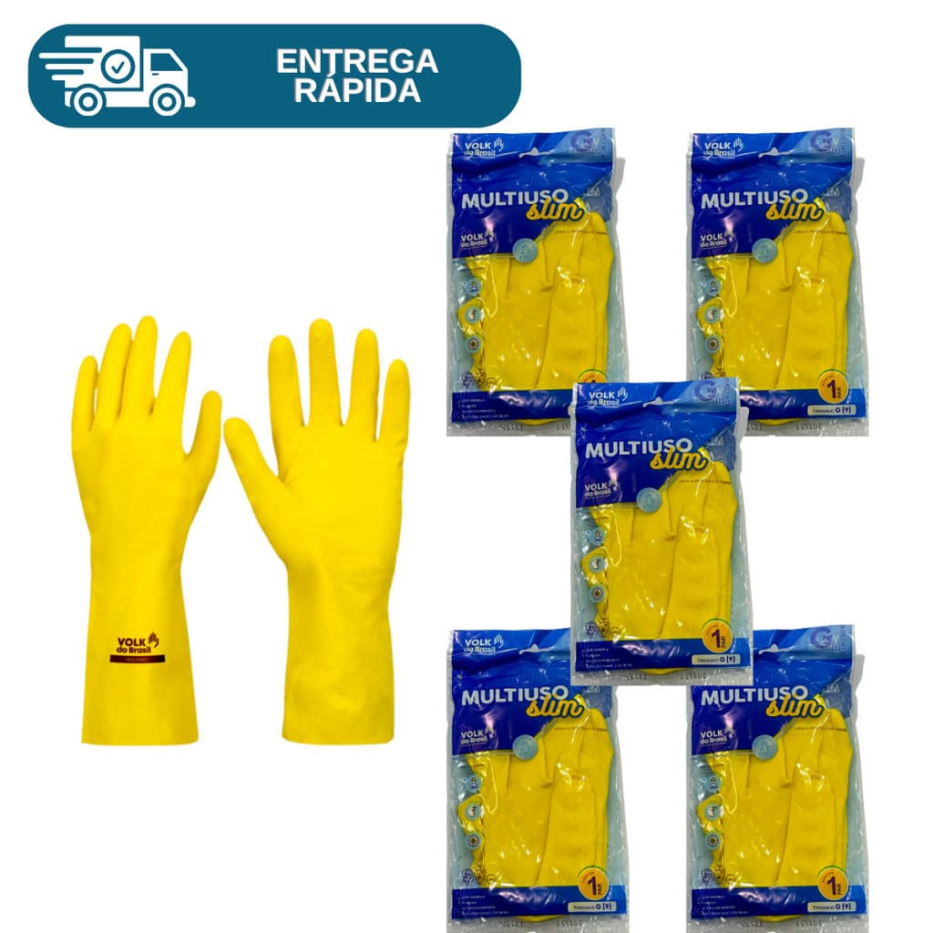 Kit 5 Prs Luva De Latex Amarela Multiuso Forrada Antiderrapante Impermeável Para Limpeza Louça Faxina Jardinagem Volk