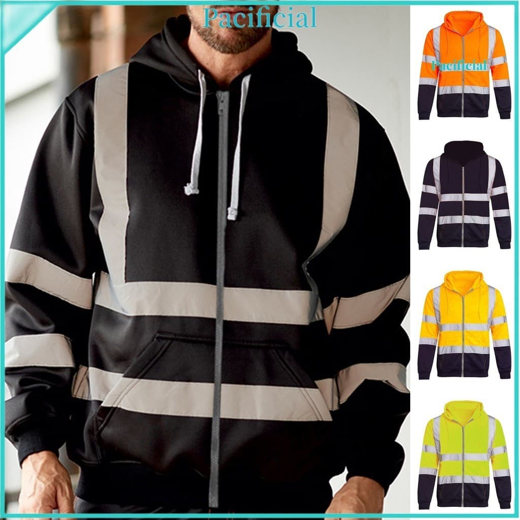 [Pacl] Casaco Masculino Com Capuz Faixa Reflexiva Aviso Seguro Cor Correspondente Cordão Solto Fechamento Zíper Manga Co