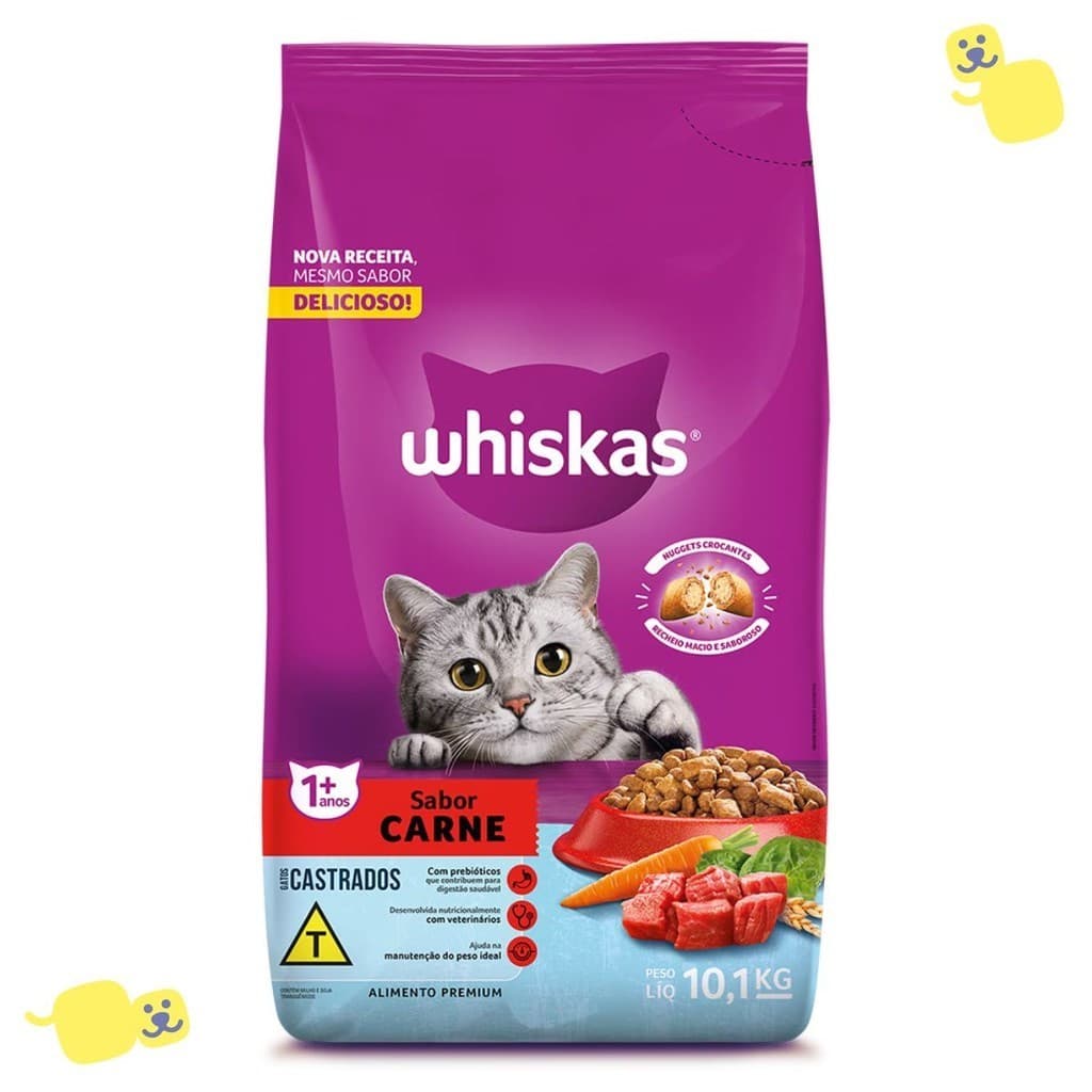 Ração Whiskas 10Kg Ração Gato Castrado Adulto 1+ Sabor Carne Alimento Cat Proteína Bruta 32% Premium