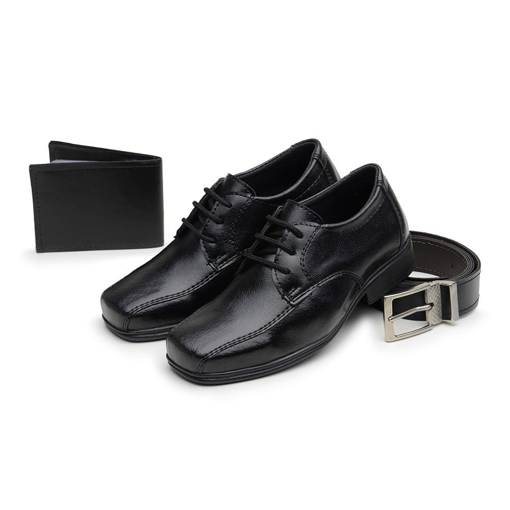 Kit Sapato Social Infantil Menino Solado PVC Cadarço Igreja Evangelico Com Carteira e Cinto