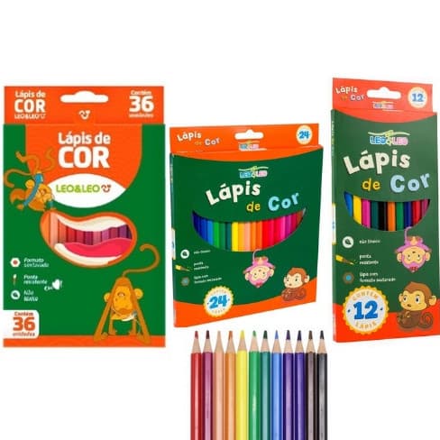 Lápis de Cor Escolar Caixa com 12 24 36 Cores Sextavado Leo&Leo