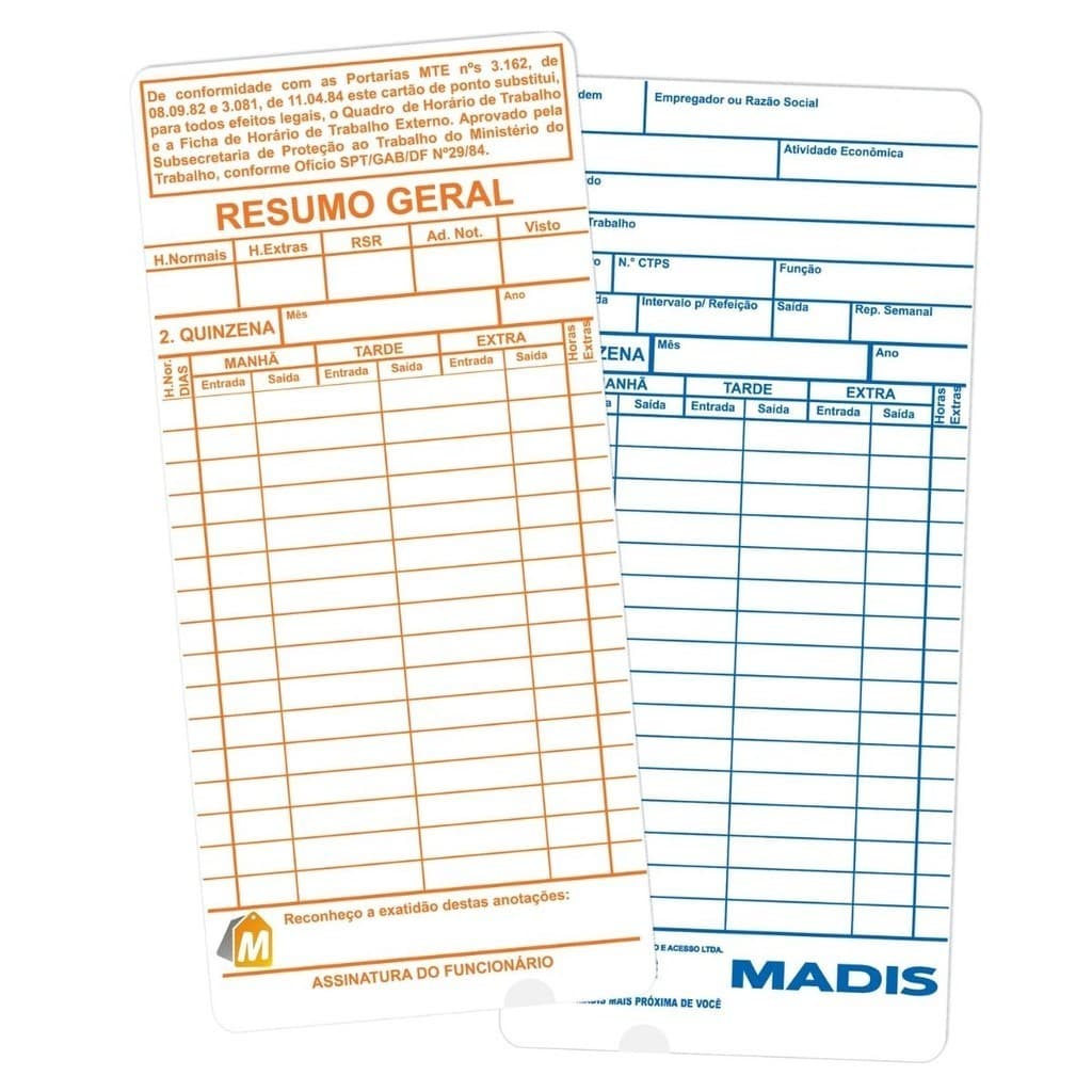 Cartão De Ponto madis Térmico Md 402 Com 50 Uni