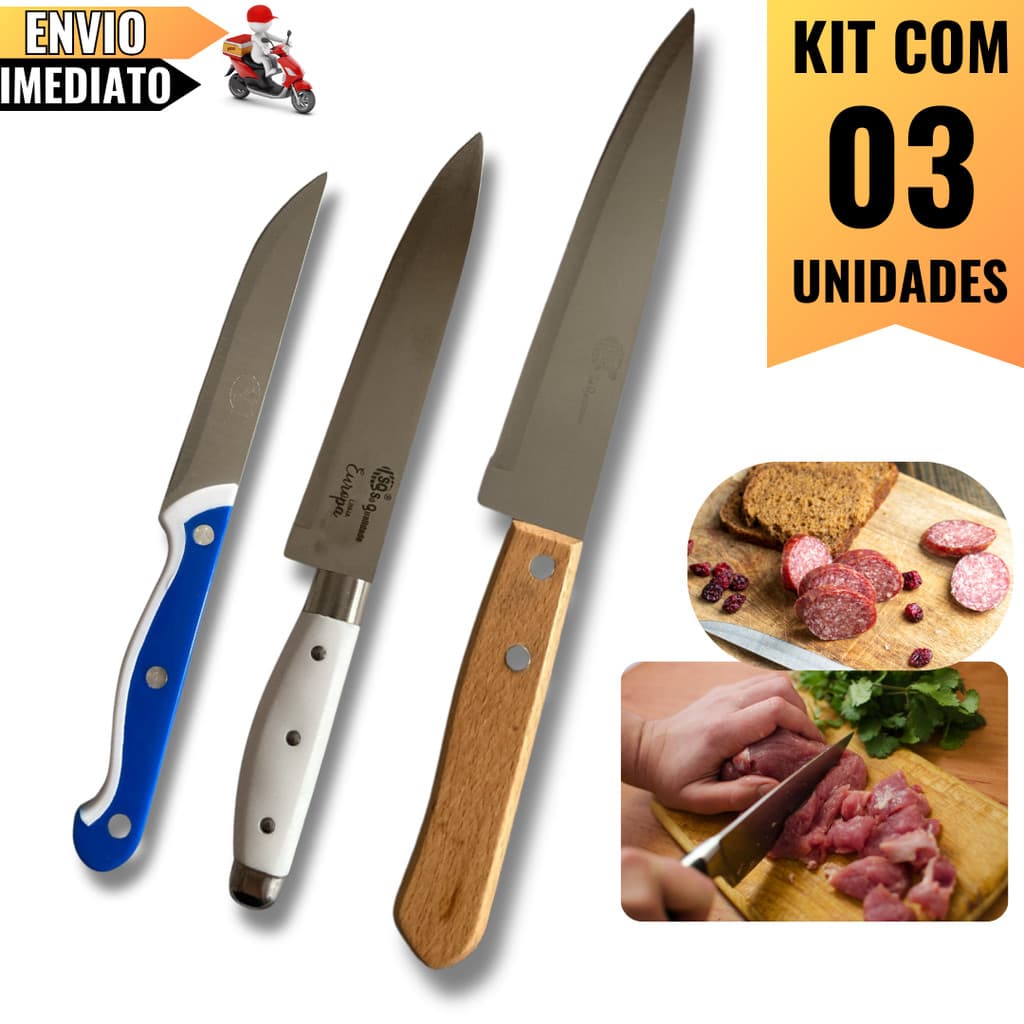 Kit Faca de Carne 6", Faca de Cozinha 6" e 5"  Uso Doméstico, Churrasco, Restaurantes e Profissional com Cortes Precisos