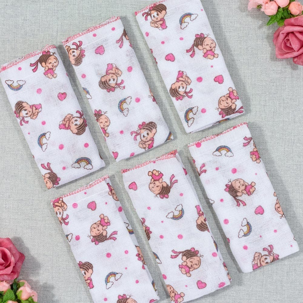 Pano de Boca Kit Com 6 Peças para Bebê Turma da Monica Rosa
