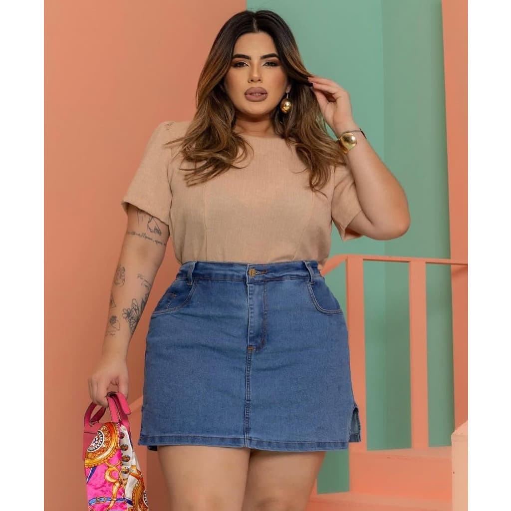Saia Shorts Por Baixo Plus Size Cintura Alta Com Elastano Luxo