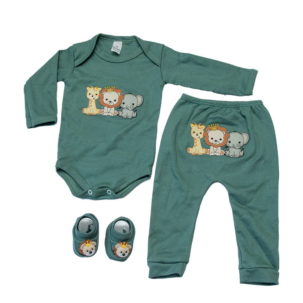 Body Bebê menino e menina Conjunto 3 peças com mijão bordado e sapatinho Safari