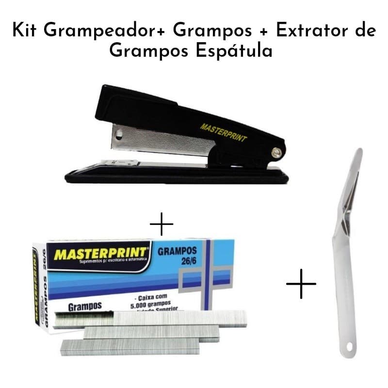 Kit Grampeador Com 5.000 Grampos 26/6 + Extrator de Grampos Espátula  MASTERPRINT