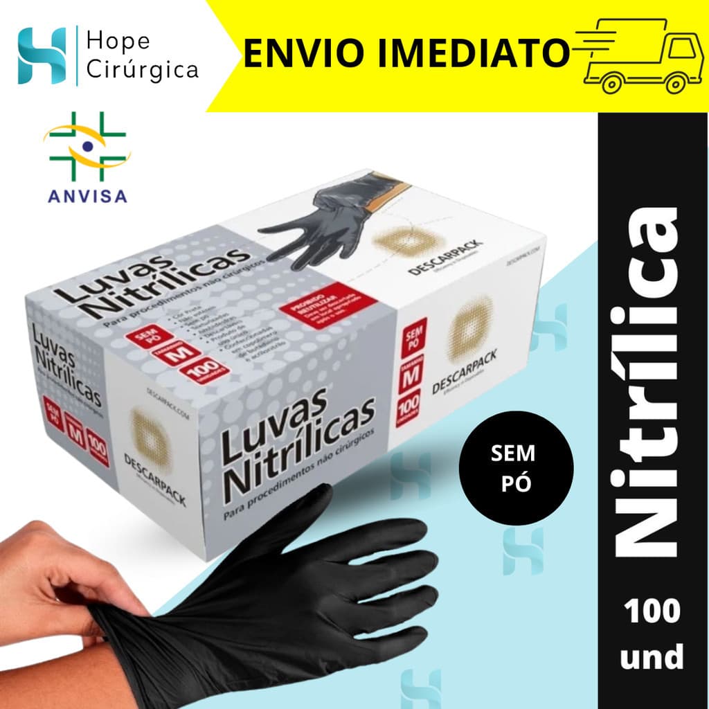 Luva Nitrílica Preta Descartável Sem Pó Resistente 100 unidades