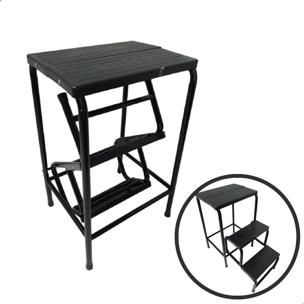 Banqueta Mini Escada Preta Dobrável 3 Degraus Antiderrapante