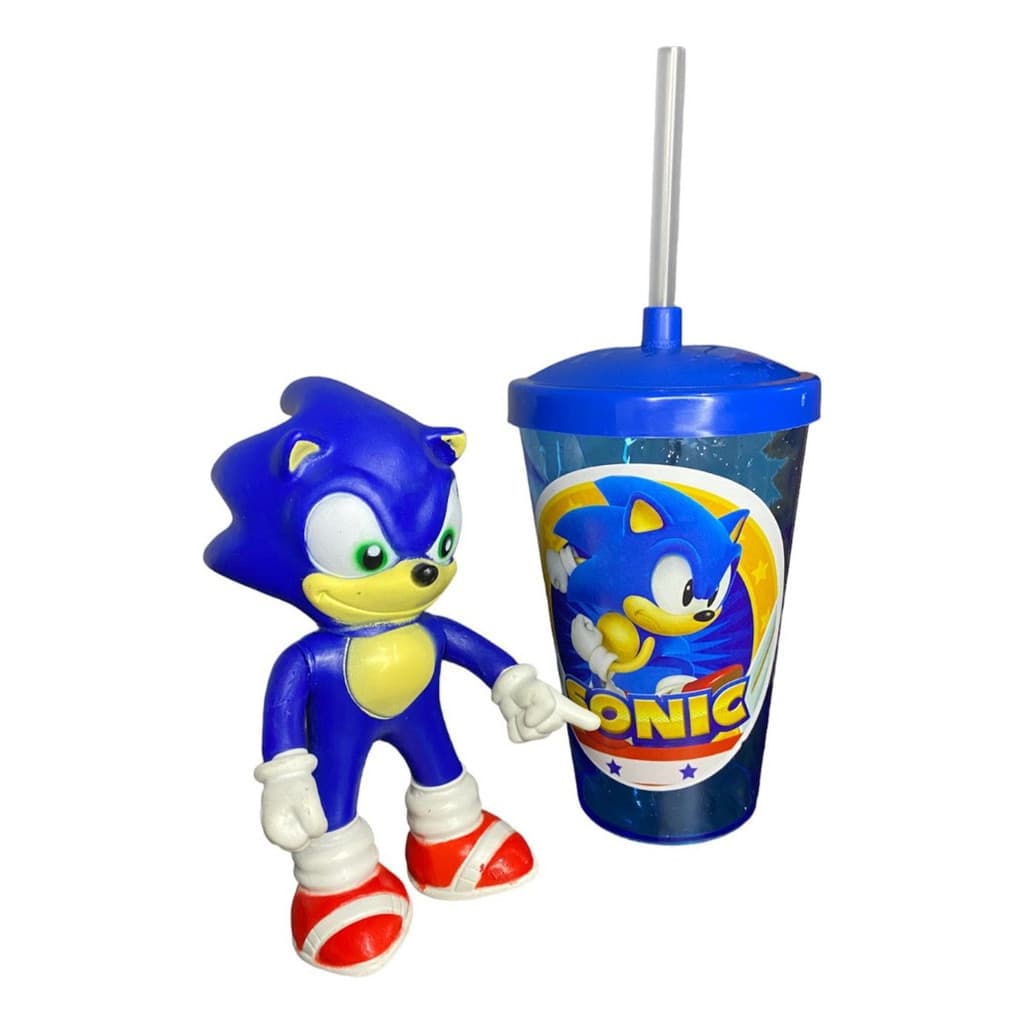 Kit Boneco Sonic Sega + Copo Twister Coponudo 500 Ml