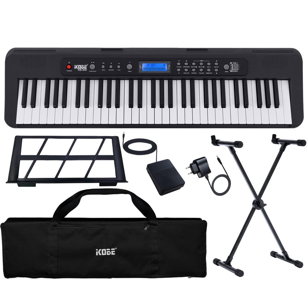 Kit Teclado Musical Kobe KB-300 5/8 61 Teclas Sensíveis ao Toque Completo Preto