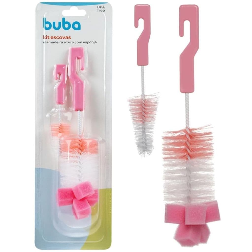 Kit 2 Escovas Para Mamadeira e Bico Com Esponja Rosa 5415 Buba