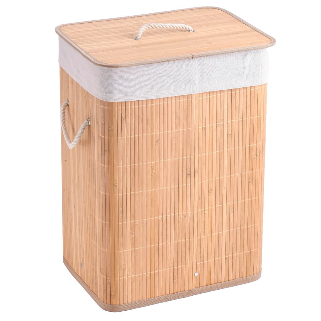 Cesto De Roupas Bambu Dobravel Retangular Banheiro Lavanderia Organizador Forrado 60L