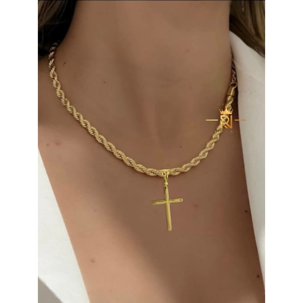 Colar Feminino Cordão Baiano Banhado Dourado C/Pingente Cruz Aço Inox Antialérgico 02 rn001