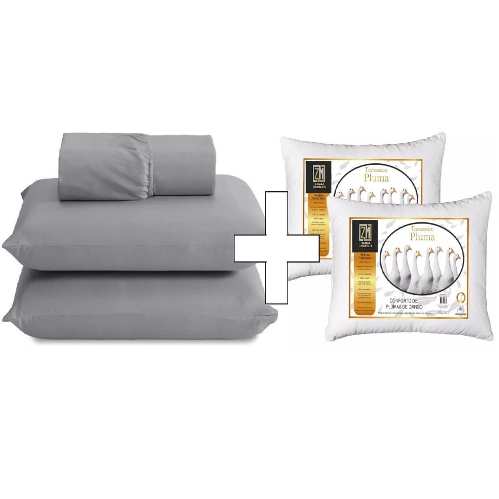 Jogo de Lençol Casal 400 Fios com Elástico + 2 Travesseiros Pluma de Ganso