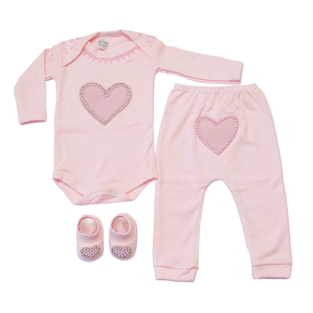 Body Bebê Canelado Menina Conjunto 3 peças c/mijão e sapatinho tema coração strass