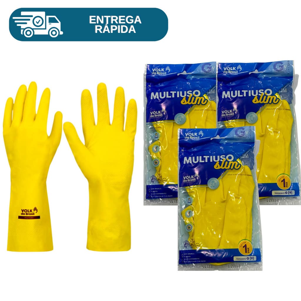 Kit 3 Prs Luva De Latex Amarela Multiuso Forrada Antiderrapante Impermeável Para Limpeza Louça Faxina Jardinagem Volk