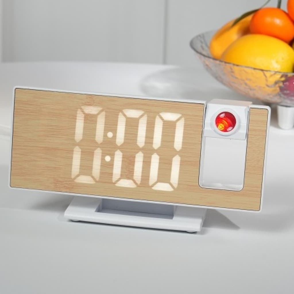 Relógio Digital De Bambu Com Projetor 19x8Cm Nas Cores Rosa Ou Branco Rústico Com Pilha E USB