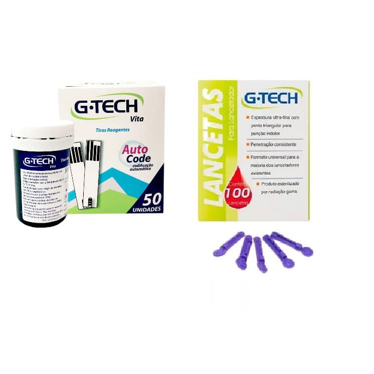 50 Fitas Tiras Reagentes G-tech VITA Glicemia +100 Lancetas