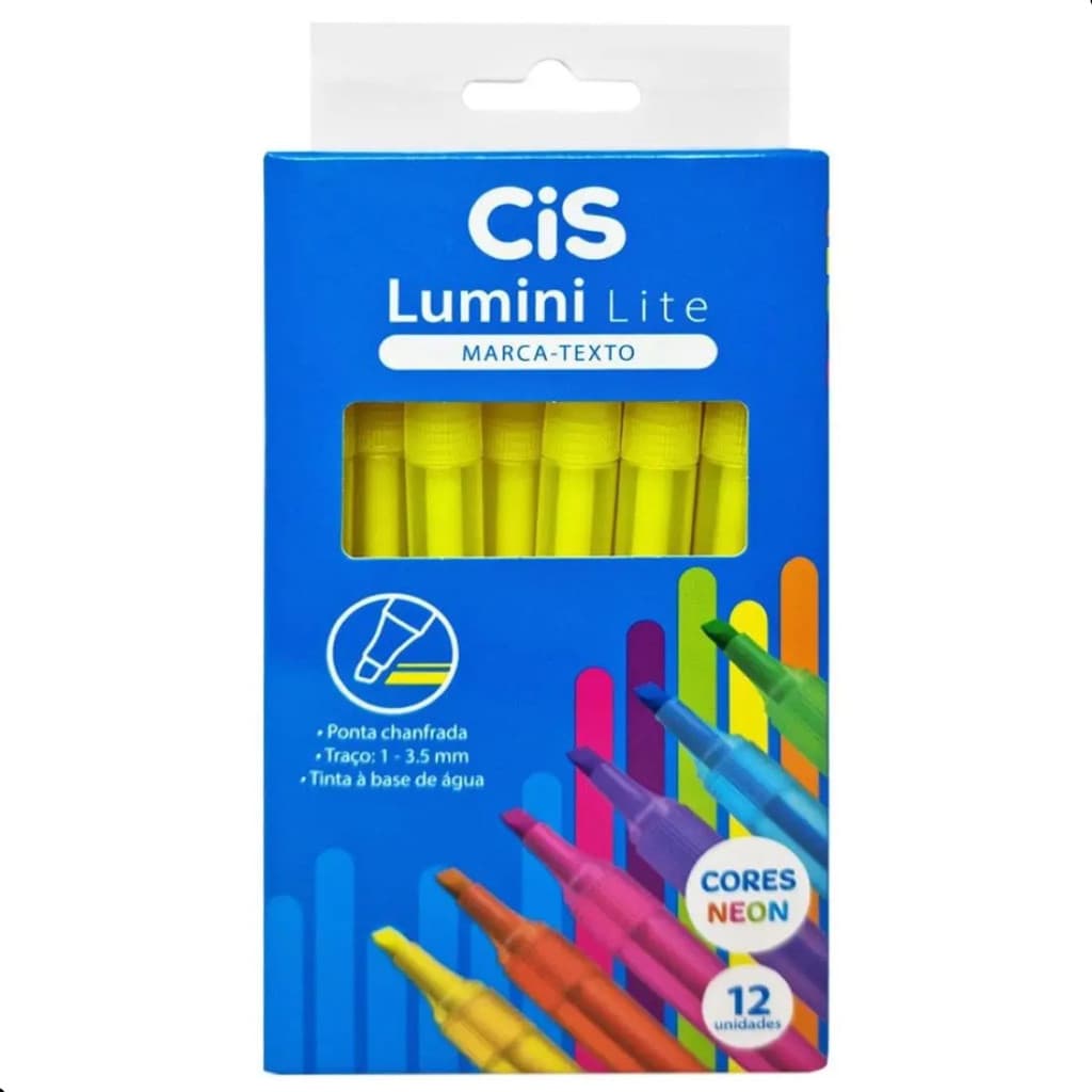 Caneta Marca Texto Amarelo Fluorescente Cis - Caixa Com 12un Escolar Secagem Rápida Neon