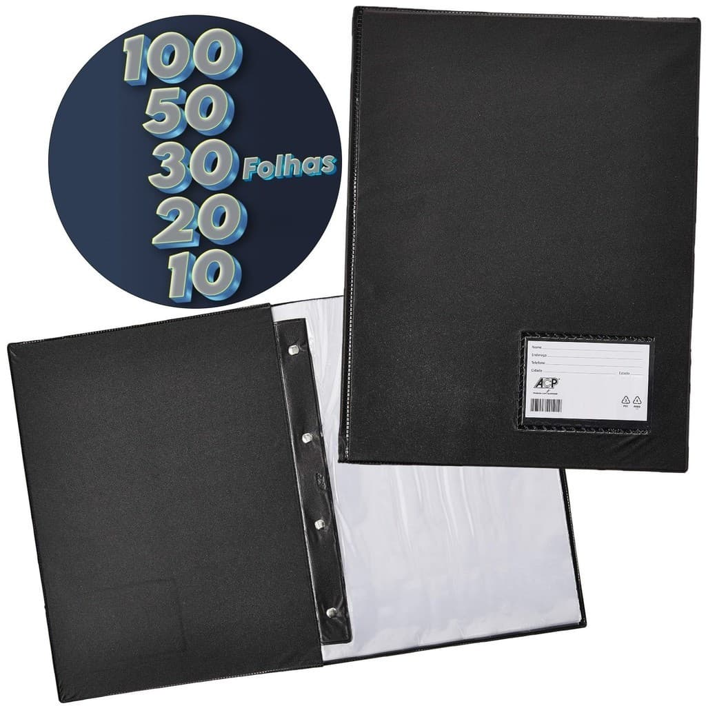 Pasta Catalogo com 100, 50, 30, 20 e 10 Envelopes Plásticos Finos 240x330mm Oficio A4 Preta - ACP