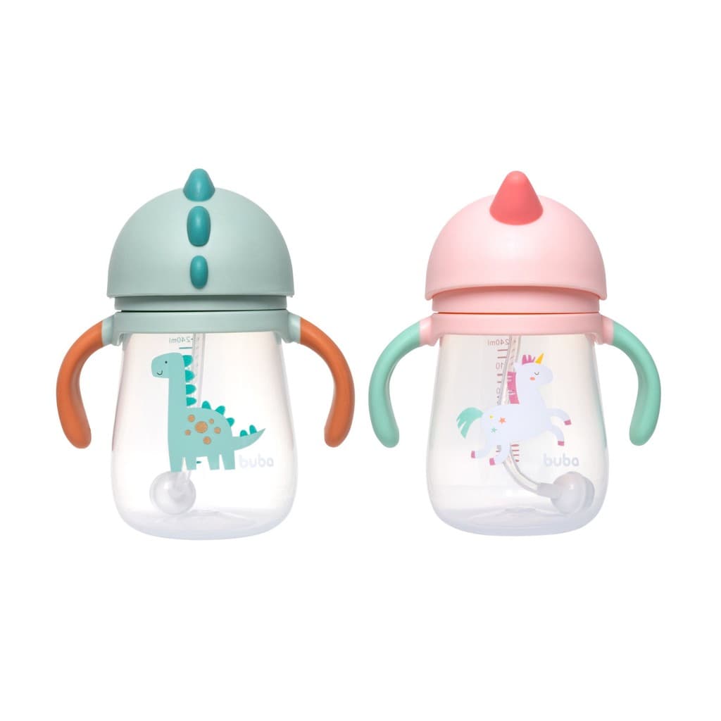 Copo Treinamento com Alça e Canudo 240ml em Silicone Magic / Zoo 6m+ Buba