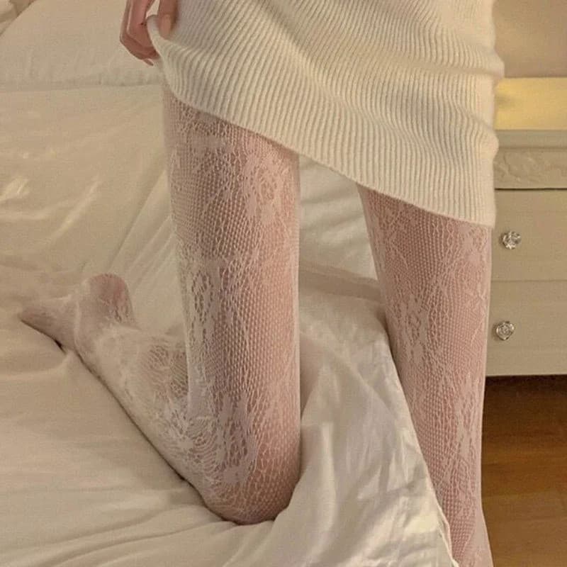 Sexy Preto Branco Lolita Oco Rendas Malha Meias De Fundo Meia-Calça Japonês Goth Floral Rattan Quente Clássico Collants