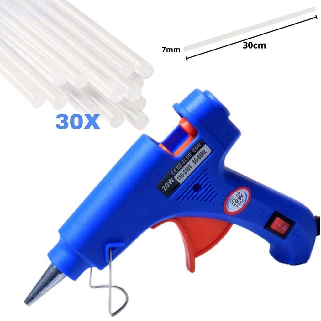 Pistola de Cola Quente Profissional Bico Fino Não Pinga 20W + 30 Bastões 7mm Botão LIGA/DESL Bivolt